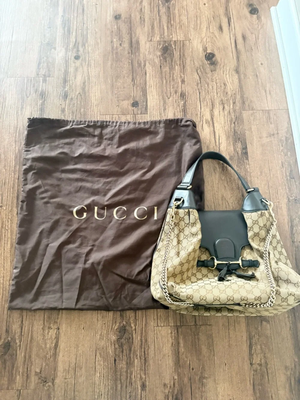 Gucci Beige Brown GG Canvas Shoulder Hobo with Dark Brown Leather Trim - Picture 9 of 12